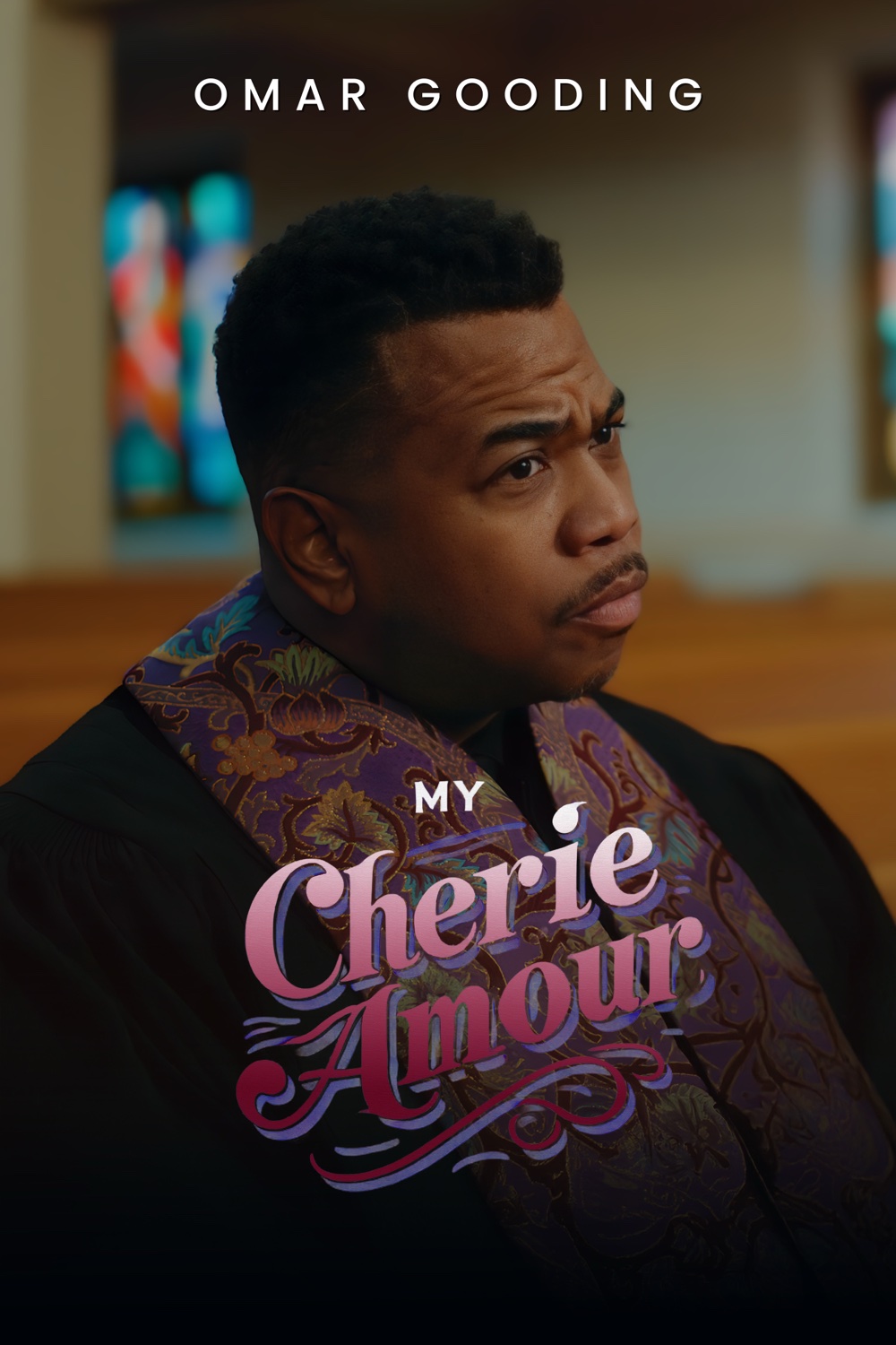 My Cherie Amour one-sheet poster: Omar Gooding as Pastor James in an embroidered purple stole inside a church.