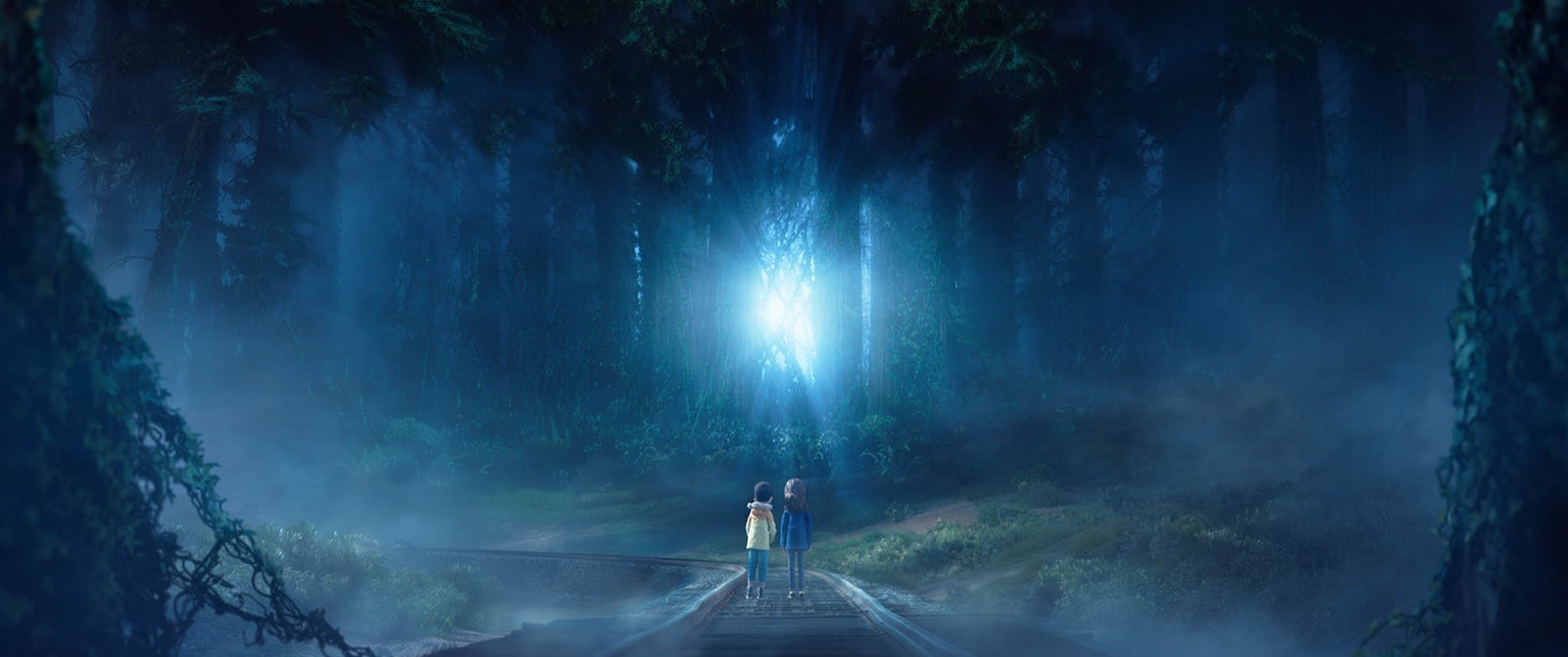 Two small figures face a glowing blue light on a misty road into the Impassable Wilderness. Still from Wildwood.