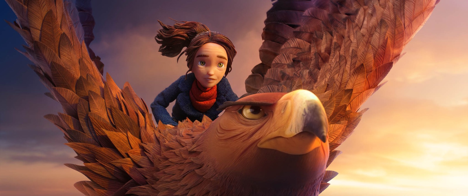 Prue rides on the back of the General, a golden eagle, wings spread against the sky. Still from Wildwood.