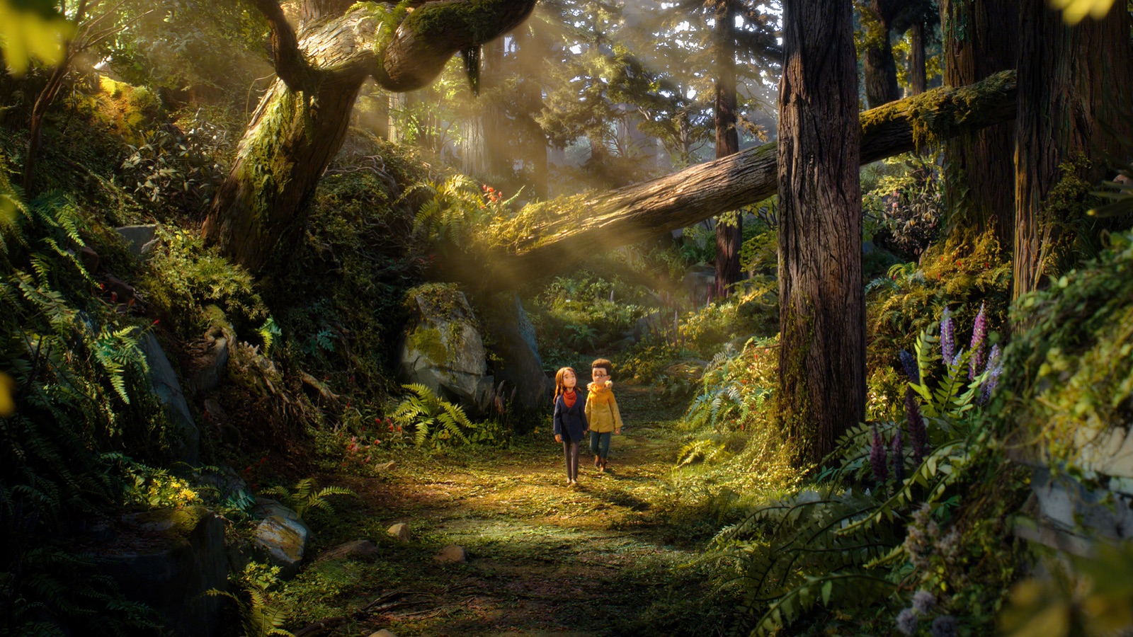 Prue and Curtis walk a sunlit path beneath towering moss-covered trees in the Impassable Wilderness. Still from Wildwood, courtesy of LAIKA and Fathom Entertainment.